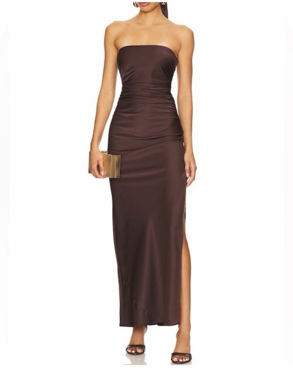 Bec & Bridge Chocolate Brown Strapless Ruched Maxi Dress